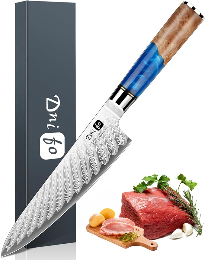 Damascus Chef Knife 8 Inch, Japanese Handcrafted Sharp Kitchen Knife with 67-Layer Damascus Steel & VG10 Core, Blue Resin & Natural Birch Wood Handle, Unique Ideal Christmas Gift for Family & Friends