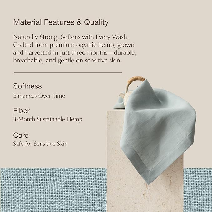 KNOKNO Home Pure Hemp Placemats 18 x 12 Inch Set of 4 Handcrafted with Mitered Corners Natural Fabric,Machine Washable Table Mats for Dining Tables (Stone Blue, Placemats | Set of 4)