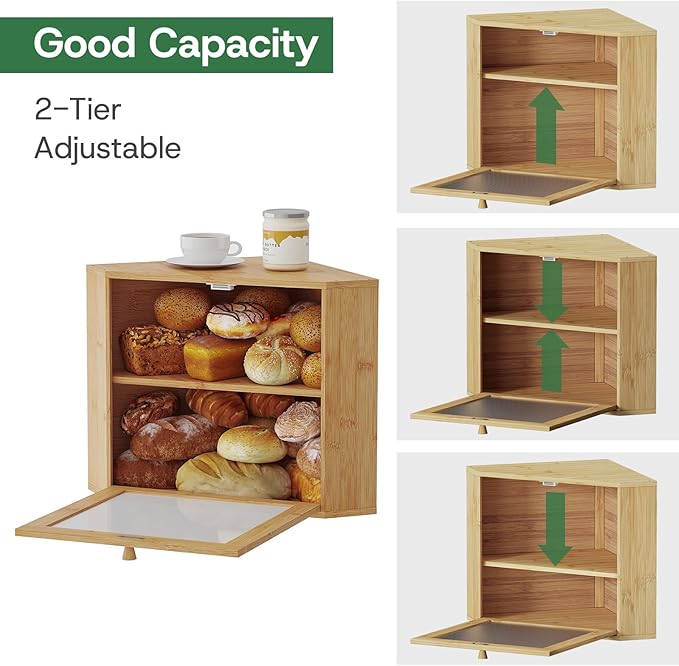 Bamboo Corner Bread Box for Kitchen Countertop - Wavy Acrylic Door, Adjustable 2-Layer Bread Storage Container, Large Bread Holder