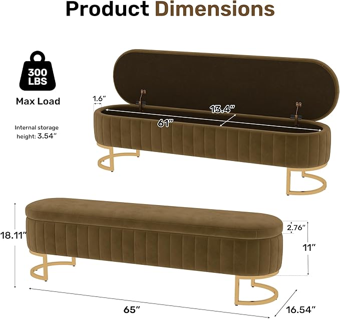 VIROL 65 Inch Storage Ottoman Bench Velvet End of Bed Storage Bench King Size Upholstered Tufted Bench Large Space for Bedroom Living Room Entryway Coffee