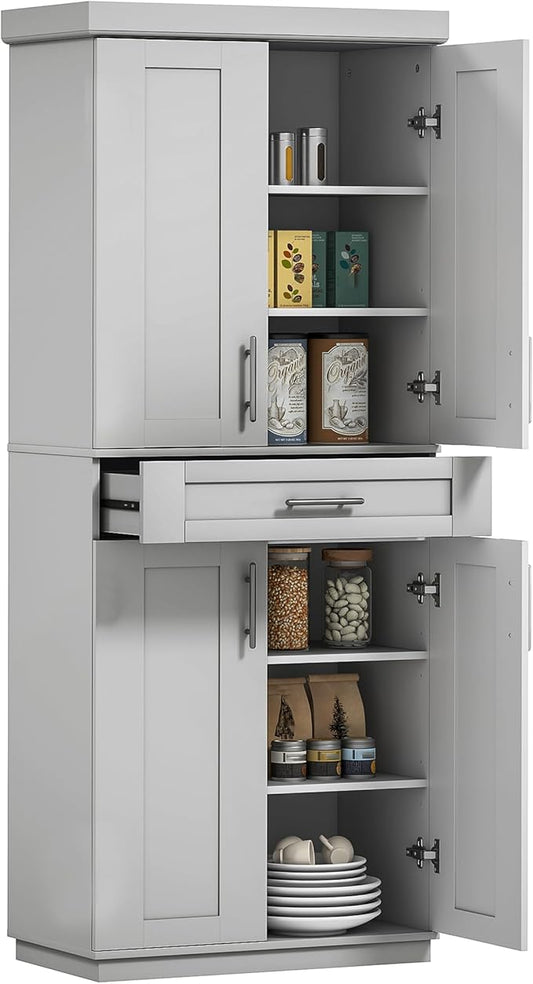 HOMCOM 72" Kitchen Pantry Cabinet, Freestanding Tall Storage Cabinet with 4 Doors, Drawer and 3 Adjustable Shelves for Dining Room, Gray