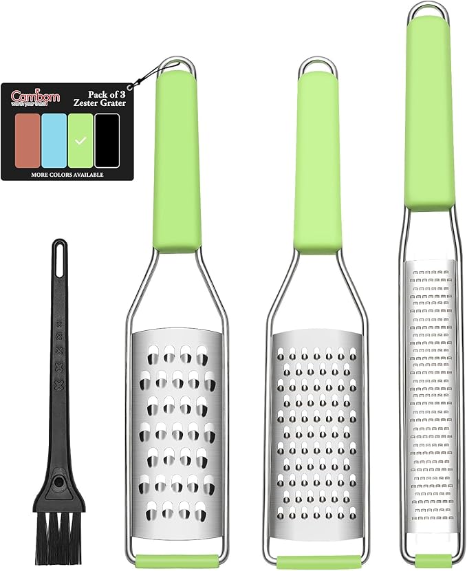 Cambom Lemon Zester Grater Three-piece Suit - Heavy Duty Kitchen Tool for Parmesan Cheese, Ginger, Garlic, Nutmeg, Chocolate, Vegetables竊똅ruits竊똕tainless Steel Grater Dishwasher Safe Green