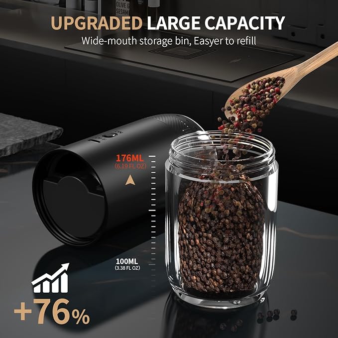 Rechargeable Electric Salt and Pepper Grinder Set, Gravity Automatic Salt and Pepper Shakers with LED Light, Type C Charging, Adjustable Coarseness, Large Capacity Mills Set (Black & White)