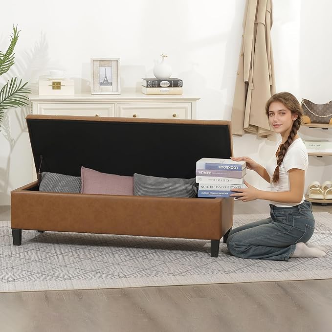 DECO DE VILLE Ottoman with Storage, 51 Inch Large Ottomans Storage Bench,Faux Leather Upholstered End of Bed Bench with Hinged Lid, Long Foot Rest Stool for Living Room Bedroom, Vintage Golden Brown