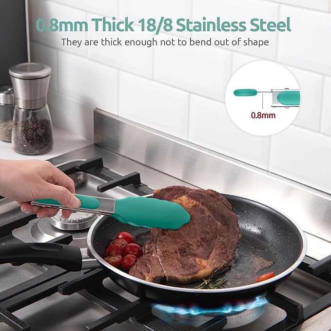 600쨘F Heat Resistant Kitchen Tong: U-Taste 7in Silicone Cooking Tong with Firm Sealed Non Stick Rubber Tips & Silicon Coated 18/8 Stainless Steel Handle & Smooth Locking for Serving Salad (Aqua Sky)