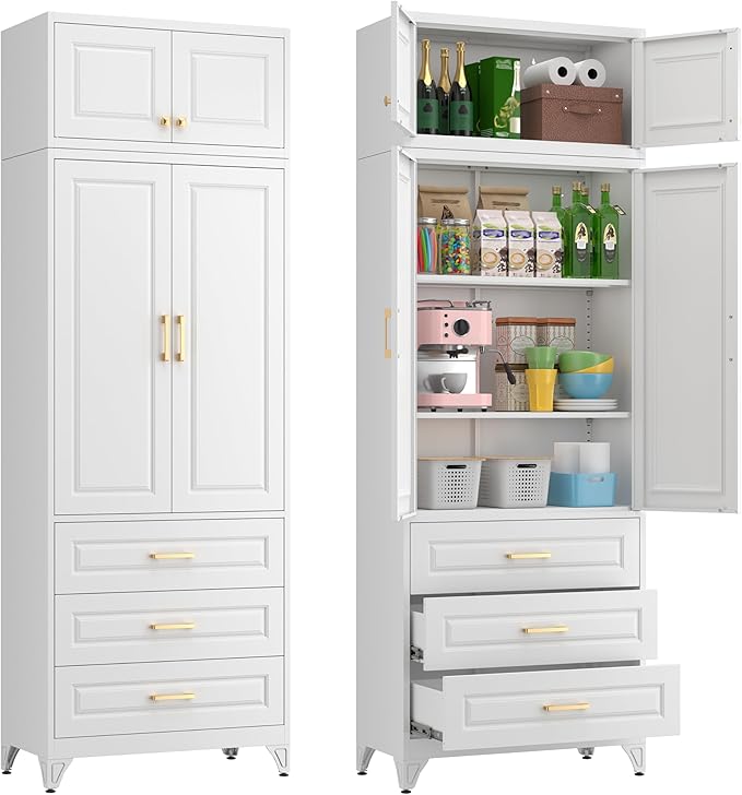 Metal Storage Cabinet, 90" White Pantry Cabinet with 4 Doors and 4 Adjustable Shelves, Tall Cabinets with 3 Drawers for Dinning Living Room and Dining Room