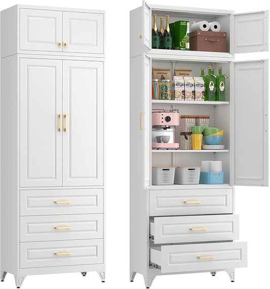 Metal Storage Cabinet, 90" White Pantry Cabinet with 4 Doors and 4 Adjustable Shelves, Tall Cabinets with 3 Drawers for Dinning Living Room and Dining Room