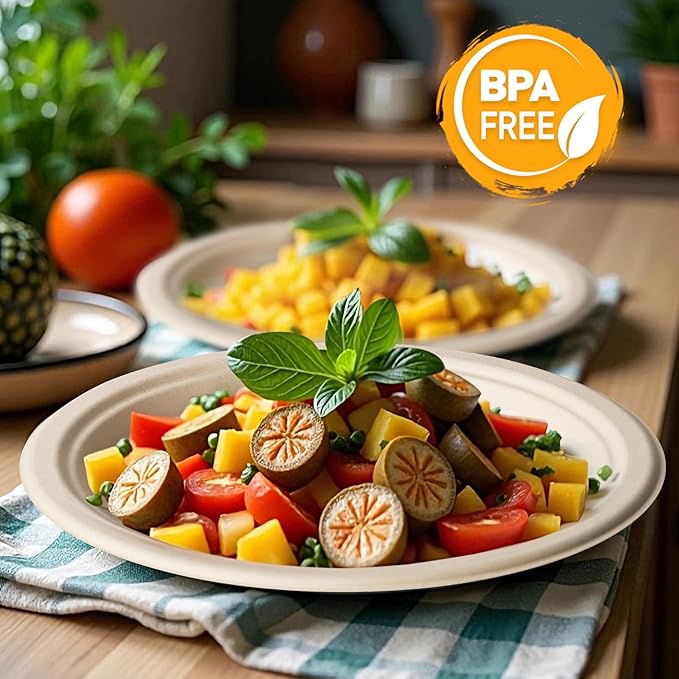 100% Compostable Plates 9 Inch 125 Pack, Heavy Duty Disposable Paper Plates Eco-Friendly Unbleached Biodegradable Sugarcane Bagasse Natural Dinner Plate