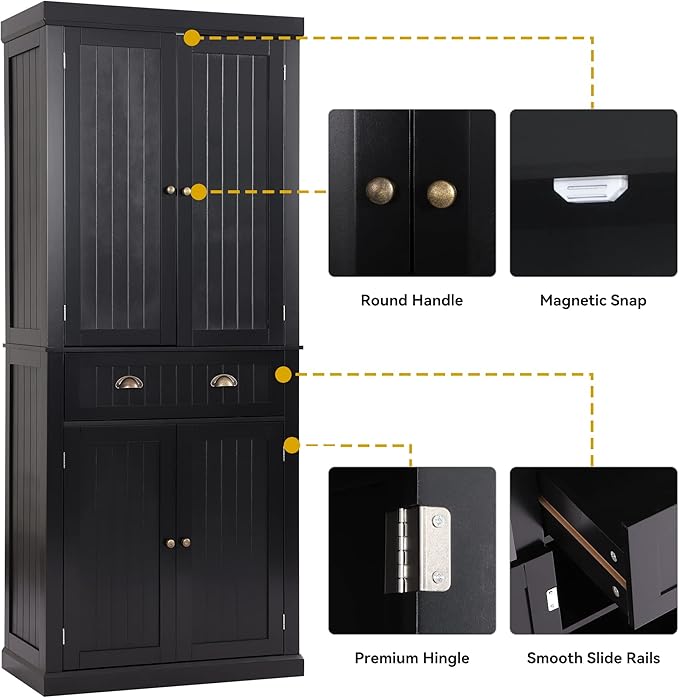72" Kitchen Pantry Storage Cabinet, Freestanding Cupboard with 2 Cabinets, Drawer and Adjustable Shelves, Tall Storage Cabinet for Kitchen, Dinning Room, Living Room (Black)