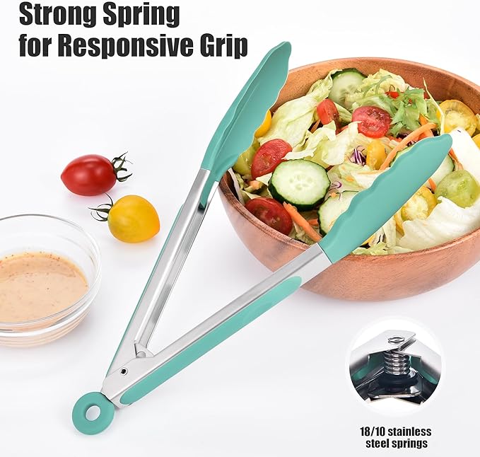Doosu Kitchen Tongs for Cooking - 600째F Heat Resistant Food Tong Set with Non-Scratch Silicone Tips, Heavy Duty Stainless Steel Locking Tong for BBQ, Grilling Steak, Serving Salad (9+12in, Aqua Sky)