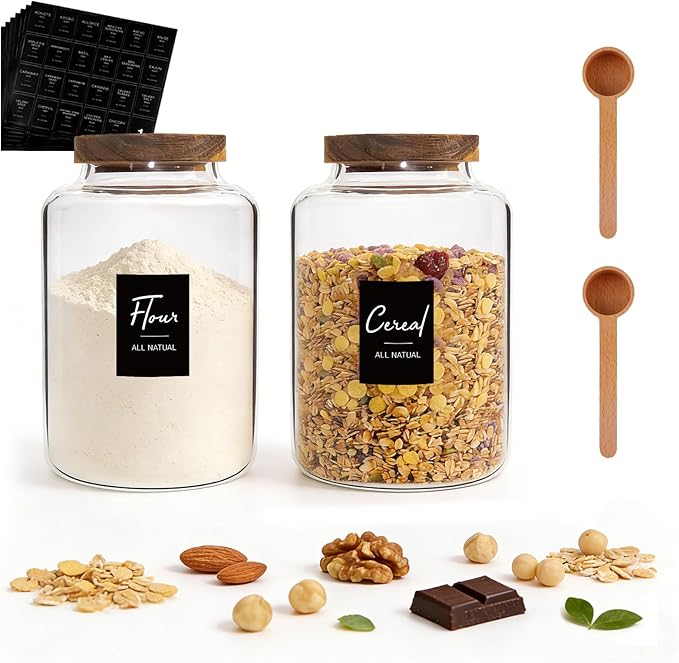 Glass Food Storage Jar with Lids Spoon Glass Coffee Canister Borosilicate Glass Food Containers for Ground Coffee Beans Nut Pasta Sugar Candy Spice Rice Tea (2000ml/67oz-2 Pack)