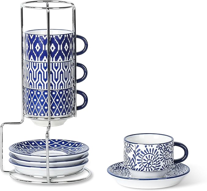 Selamica Ceramic Espresso Cups with Saucers and Metal Stand, 2.5 OZ Stackable Demitasse Cups for Espresso Latte Caf챕 Mocha Tea, Set of 4, Vintage Blue