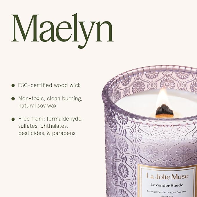 LA JOLIE MUSE Lavender Suede Candle ??Eucalyptus, Lavender & Sandalwood 19 oz Large Wooden Wick Candle | Natural Soy Wax | 90 Hours Clean Burn | Aromatherapy Candle for Relaxation