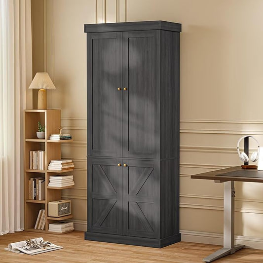 Vyre 70.8" Tall Bookshelf with Doors, Farmhouse Modular Bookcase with 4-Tier Adjustable Shelves, Large Storage Cabinet for Home Office, Living Room, Black