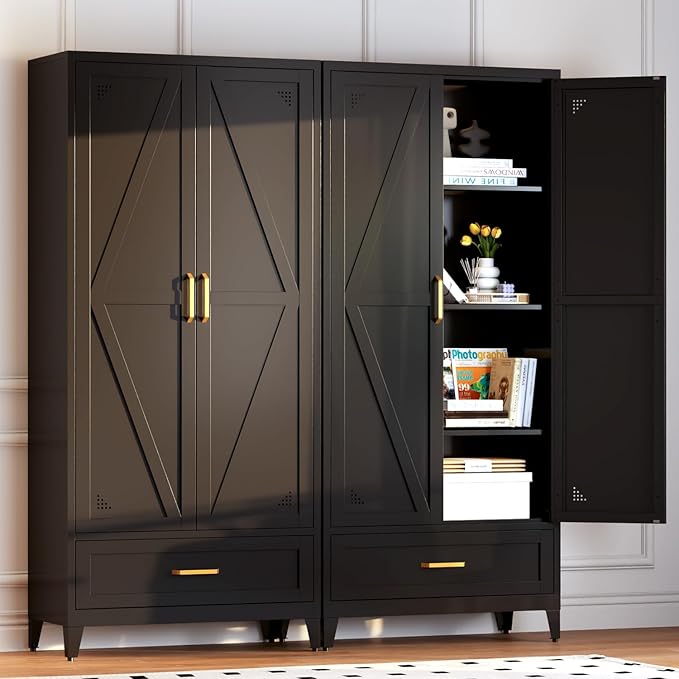 71" Black Kitchen Pantry Cabinet,4-Tier Tall Metal Storage Cabinet with Drawer,Freestanding Display Steel Cupboard for Dining Room,Living Room,Hallway,Bathroom