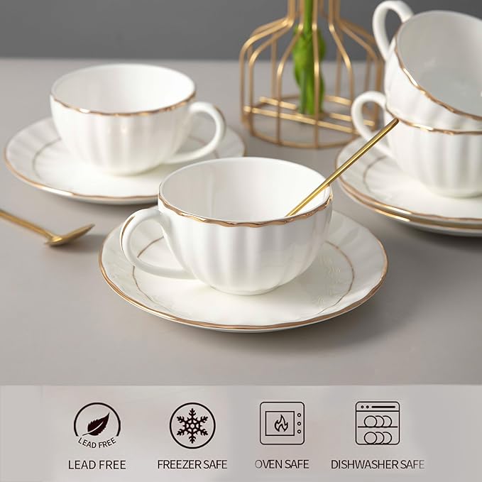 Bone China Tea Cups and Saucers Set (6 oz, Set of 4) ??White Luxury Fine Porcelain Mugs for Tea, Coffee, Latte Art, Barista Use, Elegant Gifting