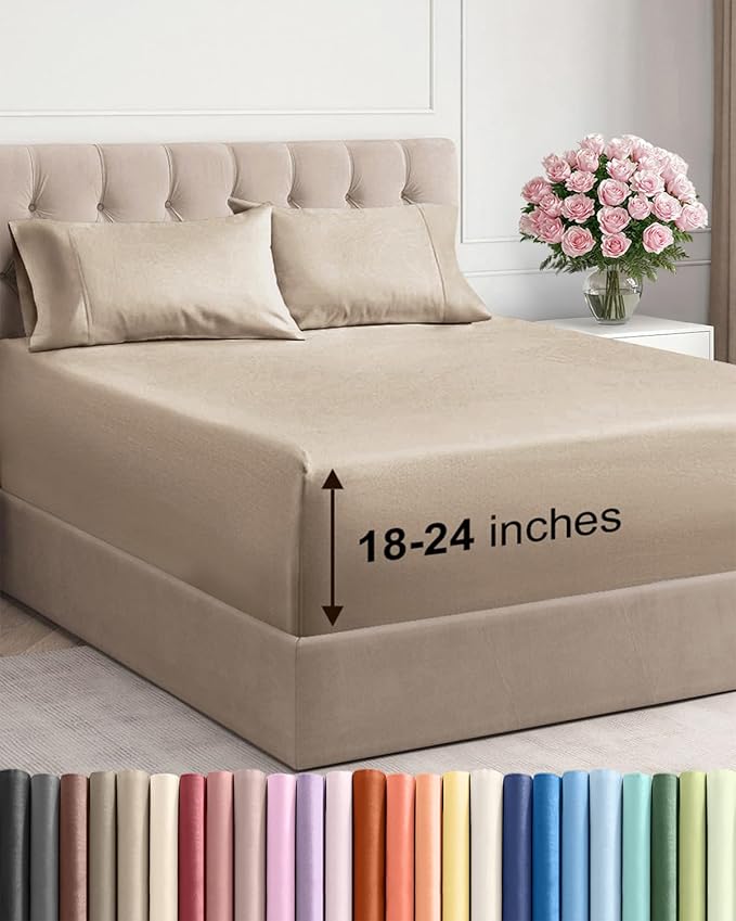 Extra Deep Pocket Queen Sheet Set - 4 Piece Breathable & Cooling Bed Sheets - Hotel Luxury Sheet Set - Ultra Soft, Wrinkle Free & Comfy - Easily Fits Extra Deep Mattresses - Deep Pocket Cream Sheets