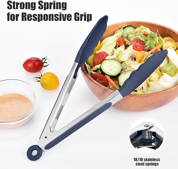 Doosu Kitchen Tongs for Cooking - 600째F Heat Resistant Food Tong with Non-Scratch Silicone Tips, Heavy Duty Stainless Steel Locking Tong for BBQ, Grilling Steak, Serving Salad Pasta (9in, Navy Blue)