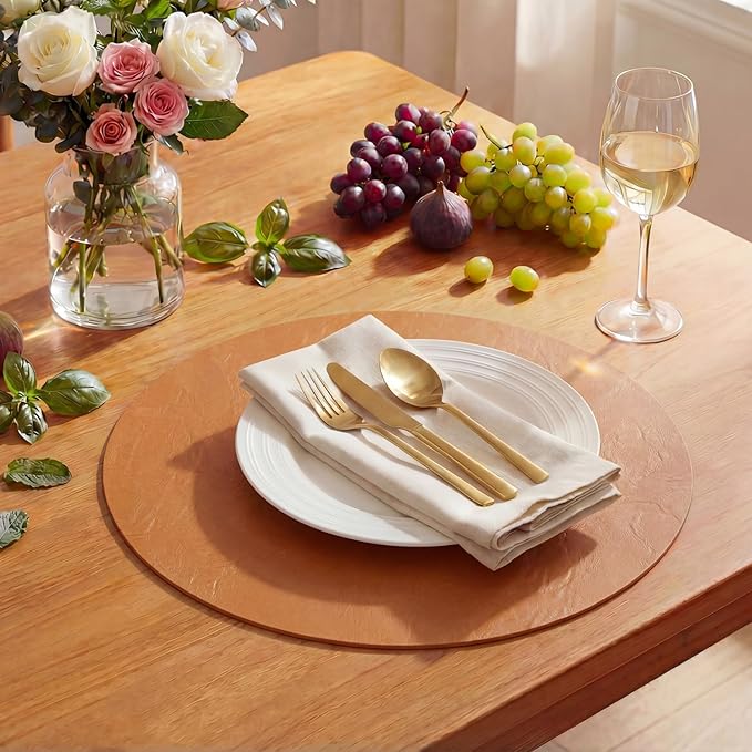 Artoid Mode Rust Faux Leather Placemats Set of 4, 15 Inch Waterproof Wipeable Heat Resistant Place Mats, Reversible Table Mats for Fall Kitchen Dining Decor