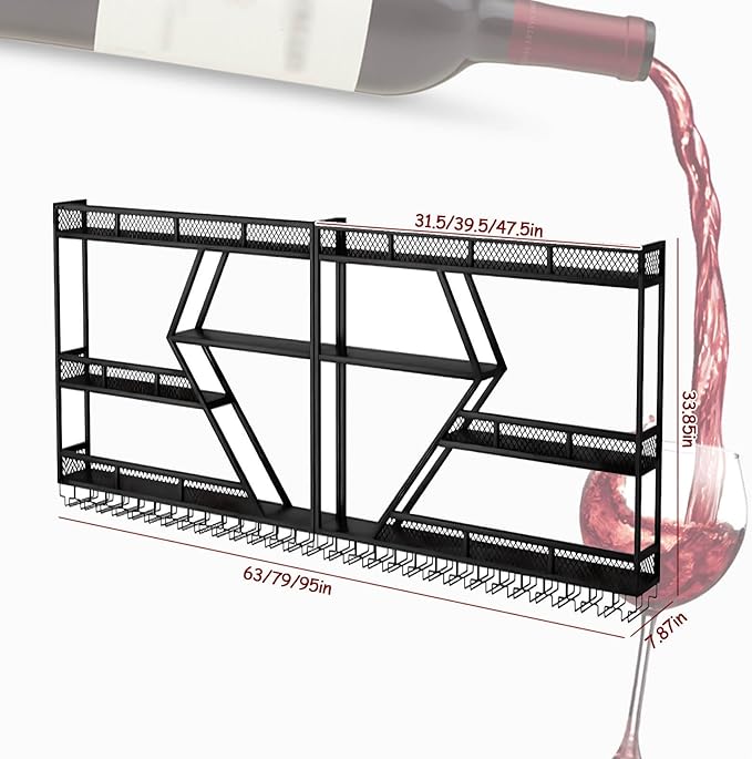 Wall Mounted Wine Rack, Large Metal Wine Bottle Holder, Modern Fashion Diamond Shaped Floating Bar Unit Wine Storage Shelves, for Home Restaurant Bars Decor (Black, 3 Tier - 63in)