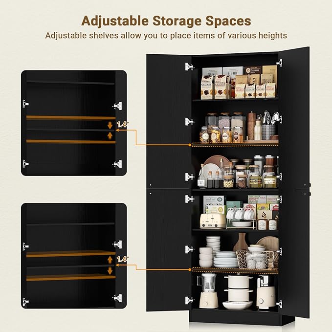 Cyclysio 80" Kitchen Pantry, Extra Tall Arch Storage Cabinet with 4 Doors and Adjustable Shelves, Freestanding Wood Cupboard with Seamless Fit Wall for Dining Living Room Bathroom Furniture (Black)