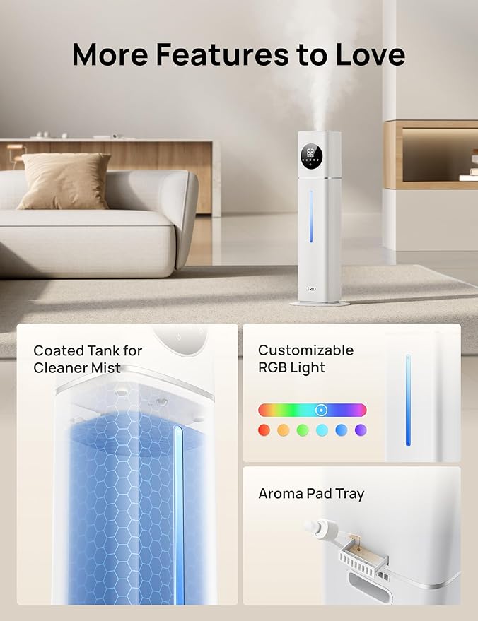 Dreo 11L Smart Humidifier Large Room 700 ft짼, 100H Cool Mist Air Humidifiers for Bedroom, Top-Fill Self-Cleaning Tank, 26dB, Auto Mode, Aroma Box, RGB Light, Remote & APP Control, Baby, Plant, Silver