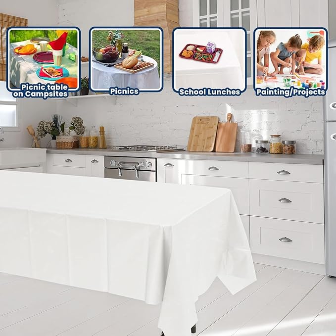 TULLIPAK BULK White Plastic Tablecloths | 100 Pack | 54inx108in | Fits standard folding and picnic tables | Folded, Easy Grab & Go | Rectangle Disposable Waterproof | 100 TABLECLOTHS | MADE IN THE USA