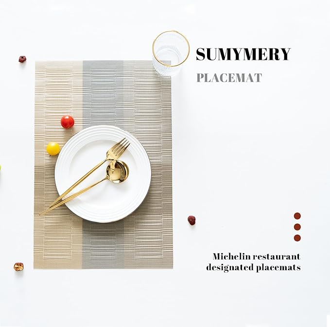 SUMYMERY Placemats Set of 12 Vinyl/Plastic Woven Place Mats for Kitchen Table Indoor/Outdoor Washable Placemat Wipeable Dining Table Mats (Ombre Glod,12)