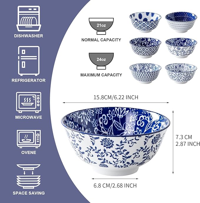 Cerkik Ceramic Soup Bowls Set - 24 Oz Deep Cereal Bowl for Kitchen - 6 Inch Large Porcelain Dinner Bowl Eating Salad Pasta Dessert Oatmeal - Microwave Dishwasher Safe - Set of 6 - Vintage Blue