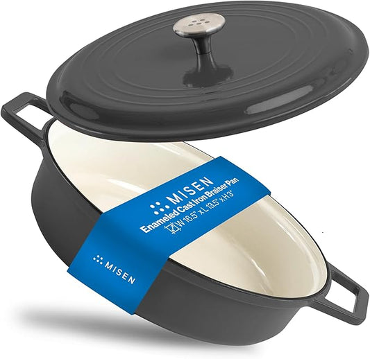 Misen 5.5 QT Braiser ??Enameled Cast Iron Pan for Searing, Braising & Slow Cooking ??No-Chip Enamel Coating ??Extra-Wide Handles ??Superior Heat Retention & Even Cooking - Black