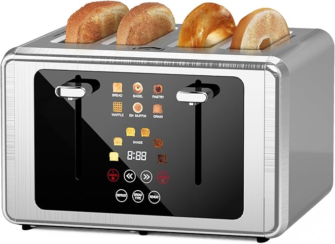 Touch screen Toaster 4 slice,Stainless Steel Digital Timer Toasters with Sound/Screen-Off Function,6 Bread Types & Shade Settings,Smart 1.5 Wide Slots Toaster with Bagel,Defrost,Stainless Steel