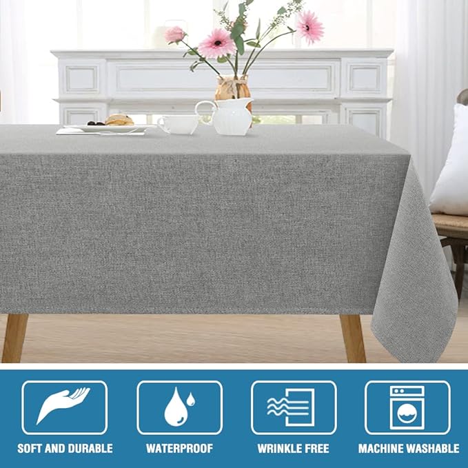 H.VERSAILTEX Linen Textured Tablecloth 60 x 120 Waterproof Decorative Table Cloth Spill-Proof Linen Look Cover for Party Table Extra Soft and Thick Fabric Wrinkle Free, Heather Gray
