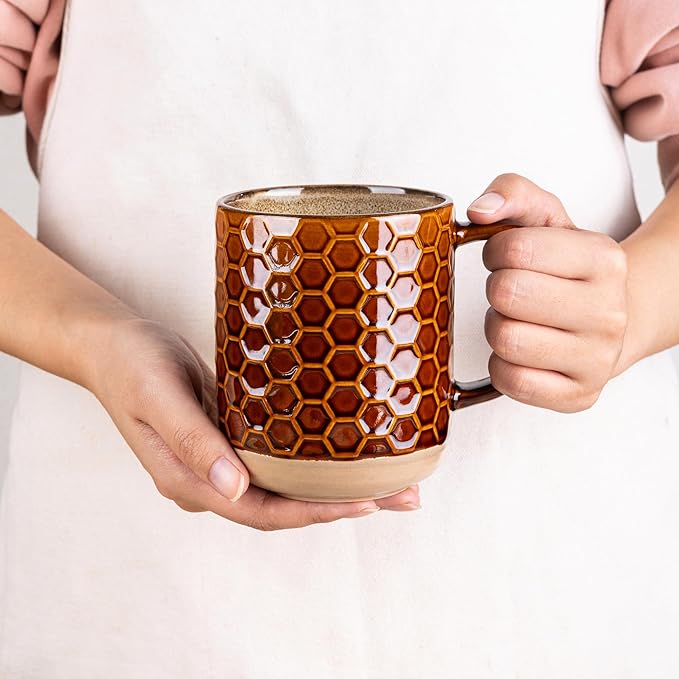 GBhome Large Coffee Mugs Set of 4, 12oz Handmade Stoneware Coffee Mugs Set with Large Handle for Cappuccino/Latte/Tea/Hot Cocoa, Dishwasher & Microwave Safe, Caramel