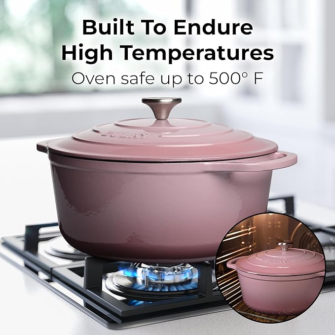Zulay Kitchen 6 Quart Enameled Cast Iron Dutch Oven Pot with Lid ??Premium Durability & Oven Safe up to 500째F ??Heavy Duty Cookware Perfect for Bread Baking, Stews, Braising & Roasting ??Pink
