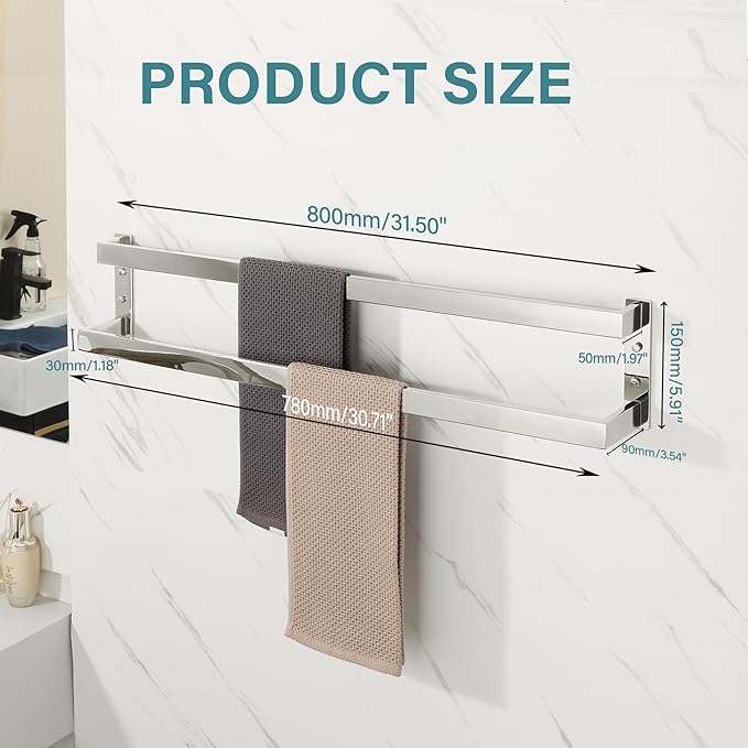 Alise Double Towel Bar 32", SUS304 Stainless Steel Towel Racks for Bathroom Wall Mounted, Space Saving Bathroom Towel Holder, Long Towel Hanger, Polished Chrome
