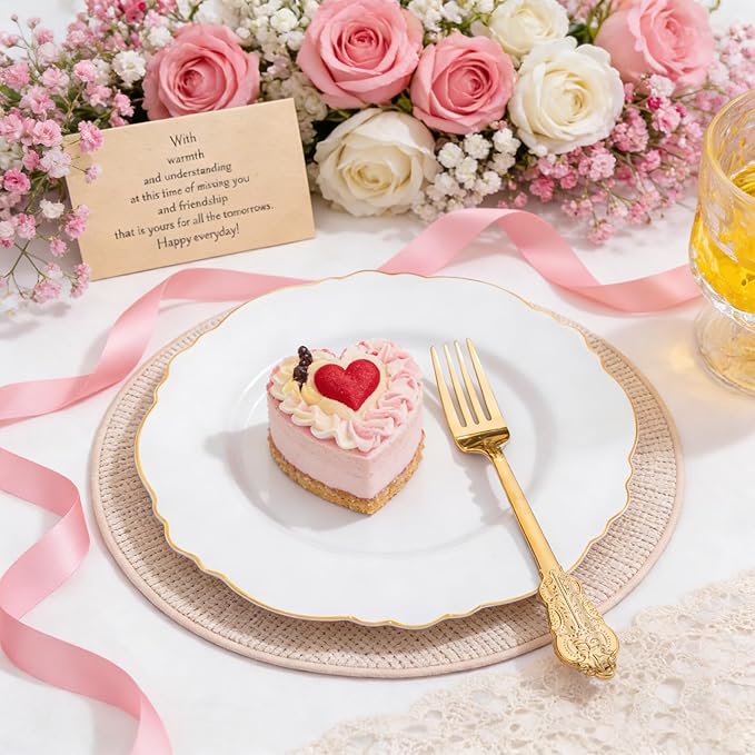 WDF 60pcs Gold Dessert Plates-7.5inch Baroque White and Gold Small Plastic Plates/Disposable Dessert/Salad/Appetizer Plastic Plate for Upscale Valentine's Day/Wedding/Birthday