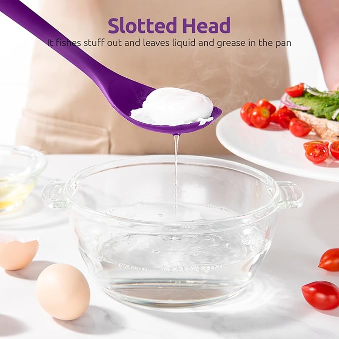600쨘F Heat Resistant Silicone Spoons: U-Taste 13.3in Solid & Slotted Kitchen Cooking Spoon, Nonstick Food Grade Long Rubber Utensil, Sturdy for Mixing, Serving, Frying, Draining (Purple, 2PCS)