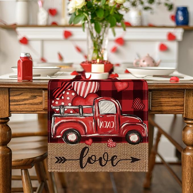 Artoid Mode Black Red Buffalo Plaid Hearts Truck Love Valentine's Day Table Runner, Kitchen Dining Table Decoration for Home Party Decor 13x72 Inch