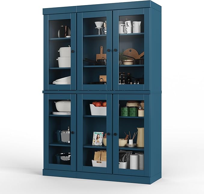 Palace Imports 100% Solid Wood 48.5" Pantry China Cabinet with Clear Glass Doors and Adjustable Shelves (Teal Blue)