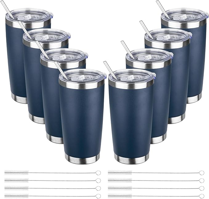 ATIKZHE 20oz Tumbler with Straw and Brush, Stainless Steel Vacuum Insulated tumbler, Double Wall Insulated Coffee Tumbler for Outdoor, Home, Travel,Office (Navy Blue,8pcs)