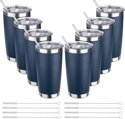 ATIKZHE 20oz Tumbler with Straw and Brush, Stainless Steel Vacuum Insulated tumbler, Double Wall Insulated Coffee Tumbler for Outdoor, Home, Travel,Office (Navy Blue,8pcs)