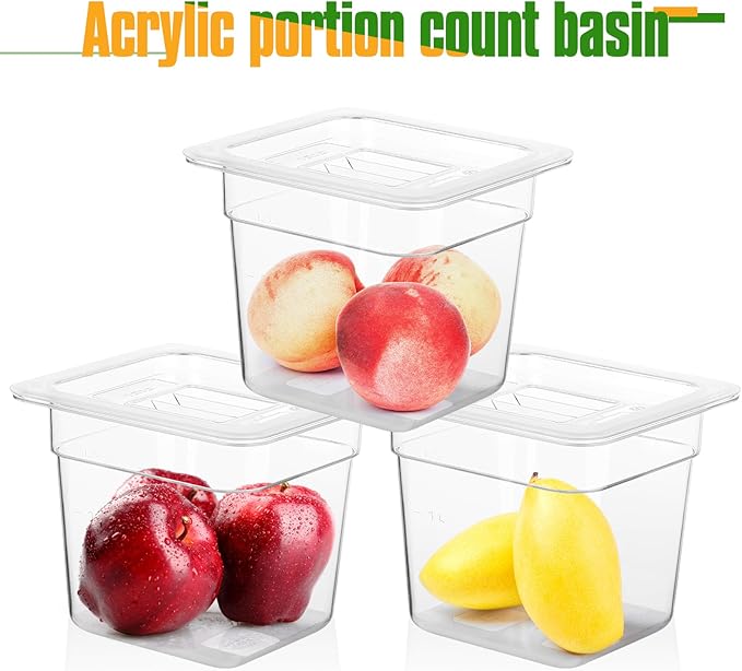 12 Pack Plastic Food Pan with Lids 1/6 Size 6'' Deep Restaurant Food Containers Stackable Clear Polycarbonate Commercial Hotel Pans with 1 Plastic Spoon for Fruits Vegetables