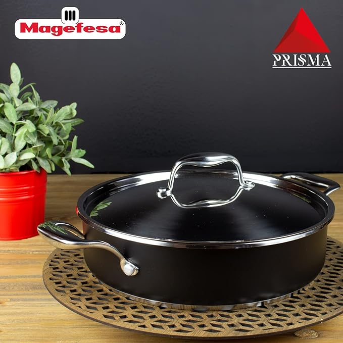 MAGEFESA Prisma 11-inch Braiser with Lid, made in 18/10 Stainless Steel, for All Types of Stovetops, including INDUCTION, Easy Cleaning, Dishwasher and Oven Safe up to 392쨘C