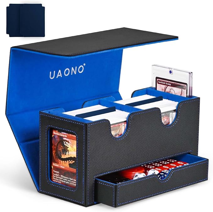 Card Deck Box for MTG, Double Deck Storage Box with 2 Commander Display & 1 Dice Tray, Fits 200+ Double Sleeved, Card Organizer for CCG TCG Sports (Black Blue)