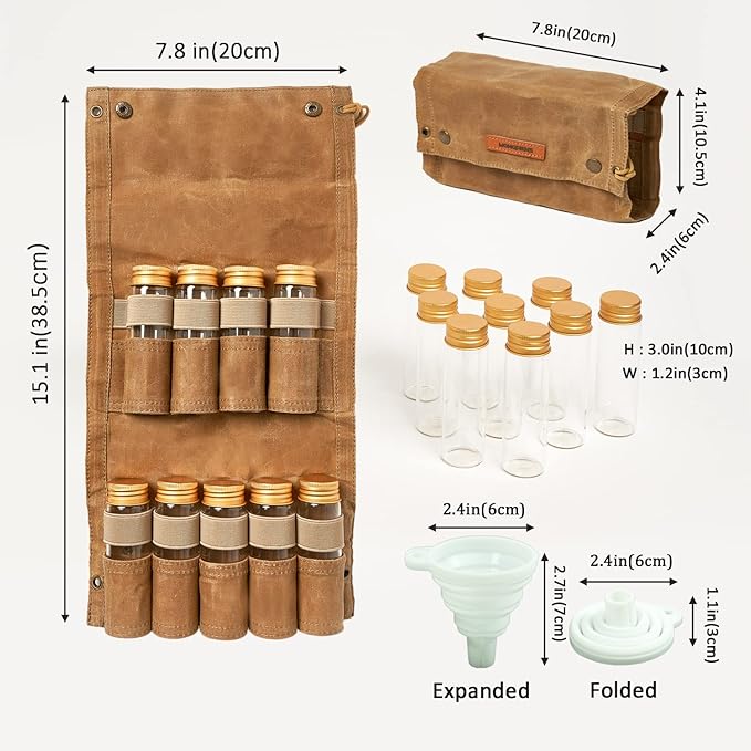 Camping Spice kit with 9 spice Jar,rope,Spice Labels Sticker,Silicone Collapsible Funnel, Canvas Travel Seasoning container, portable spice bag for travel (CAMEL BROWN)