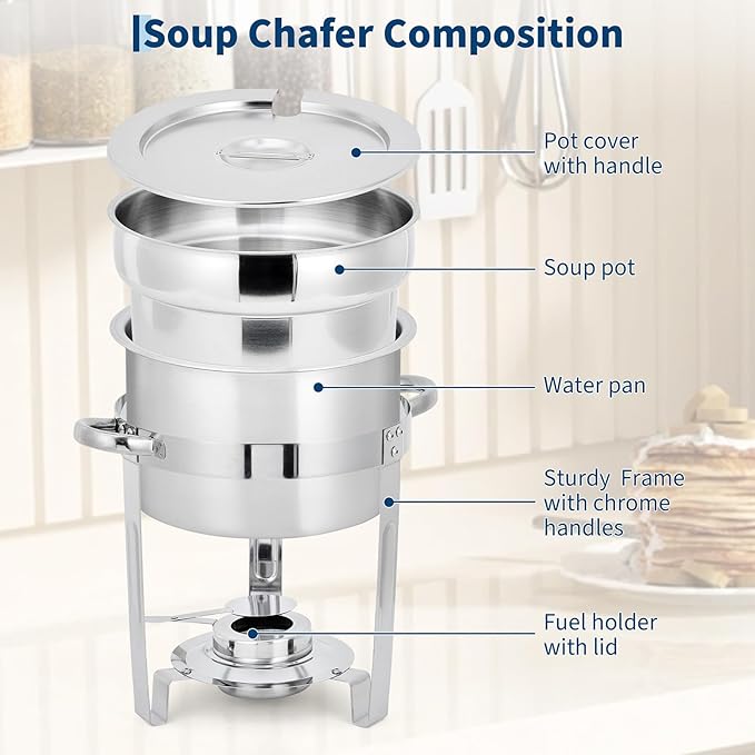 Garvee 7QT Commercial-Grade Soup Chafer Set of 4, Stainless Steel Round Food Warmers with Pots, Notched Lids & Fuel Holders, Commercial Buffet Equipment for Large Banquet Service & Buffet Catering