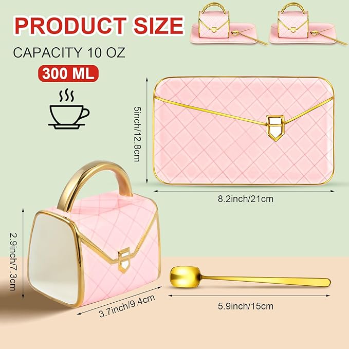 Zubebe 2 Sets Coffee Mug Elegant Handbag Shaped Cup Valentine's Day Modern Ceramic Purse Mug with Spoon and Saucer, 10oz Cute Creative Tea Cup for Woman Girls Gift (Pink)
