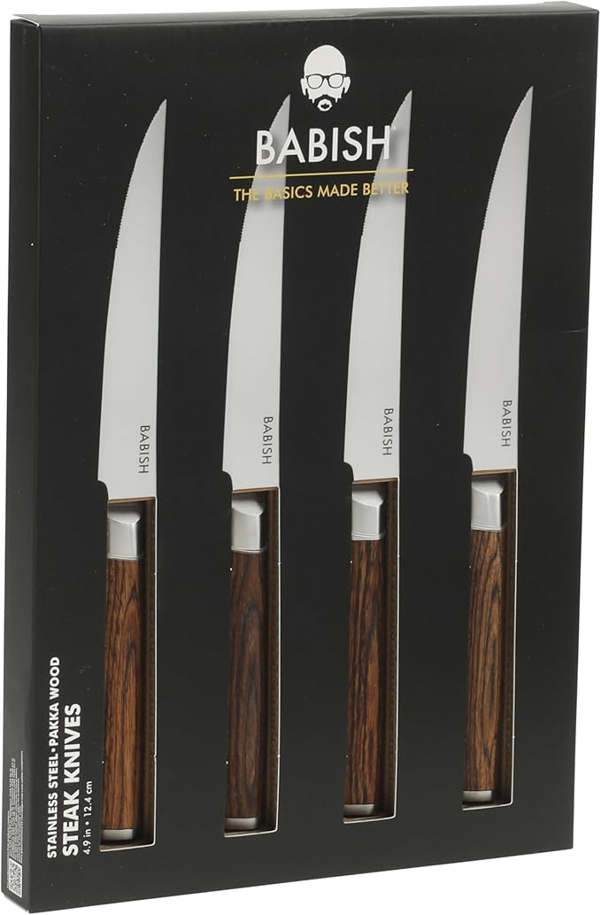 Babish 4-Piece 1.4116 German Stainless Steel Steak Knife Set with Dark Pakka Wood Handles ??Full-Tang Steak Knives for Dining, Entertaining & Everyday Table Use
