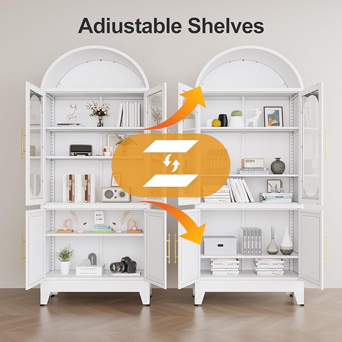 73" H Metal Tall Arched Kitchen Pantry Cabinet, Modern Farmhouse China Storage Cabinets with Glass Door and Adjustable Shelves, Versatile Cupboard for Kitchen, Dining Room, Bathroom (White)