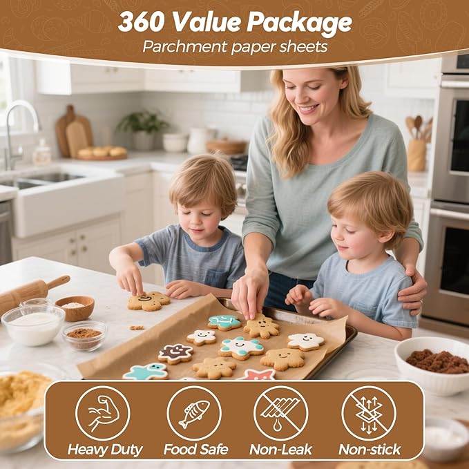 360 Count 9"x 13" Heavy Duty Parchment Paper Sheets for Baking, No-Stick & No-Leak Unbleached Baking Paper, Pre-cut Half Parchment Paper Sheets for Oven, Air Fryer, Microwave